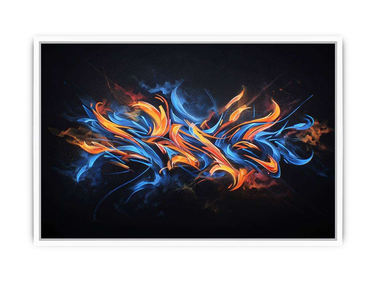Blue and orange abstract strokes on black for bold modern living room wall art.
