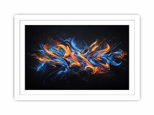 Blue and orange abstract strokes on black for bold modern living room wall art.