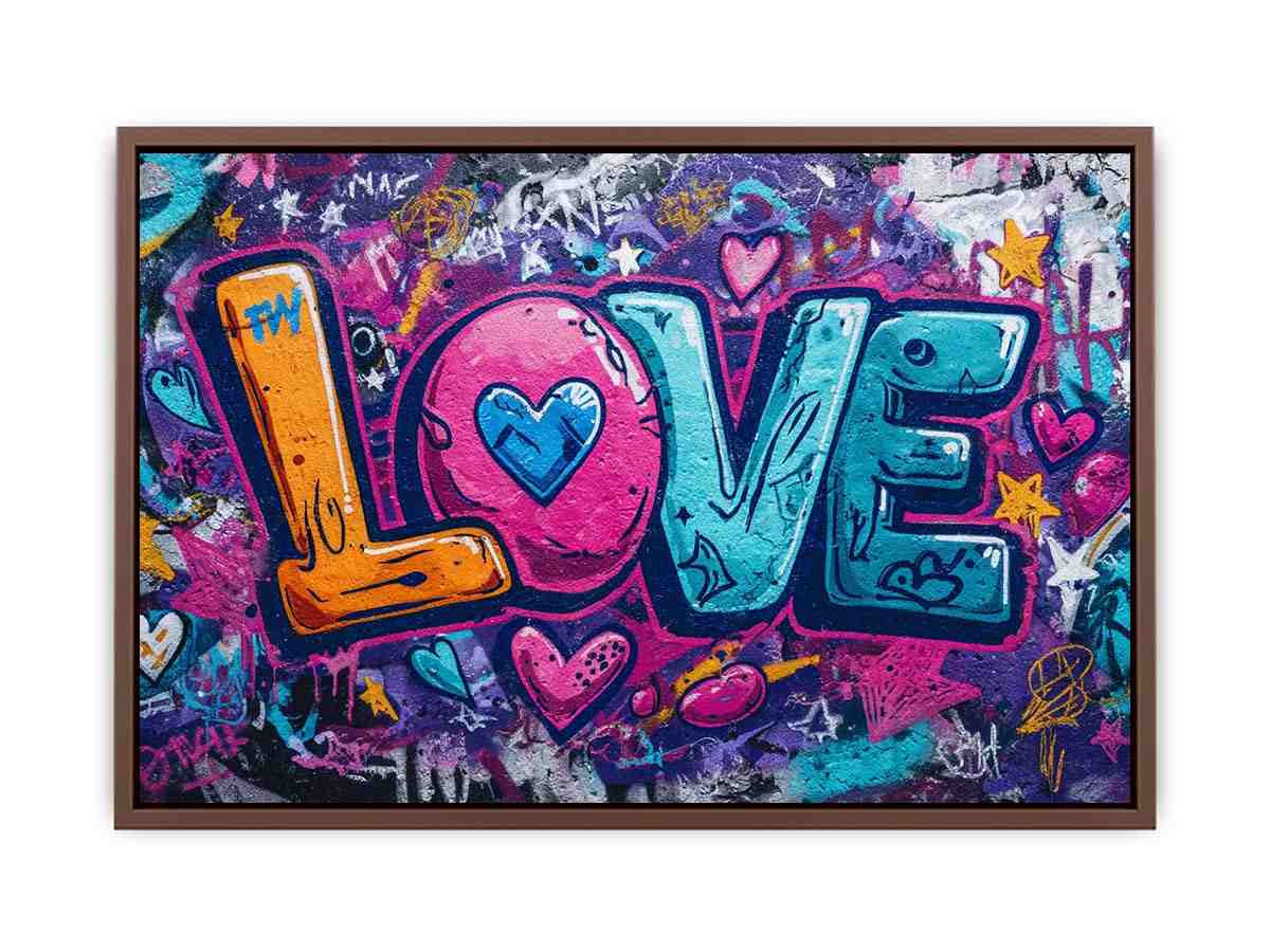 Colourful graffiti love lettering with hearts for playful modern bedroom wall decor.