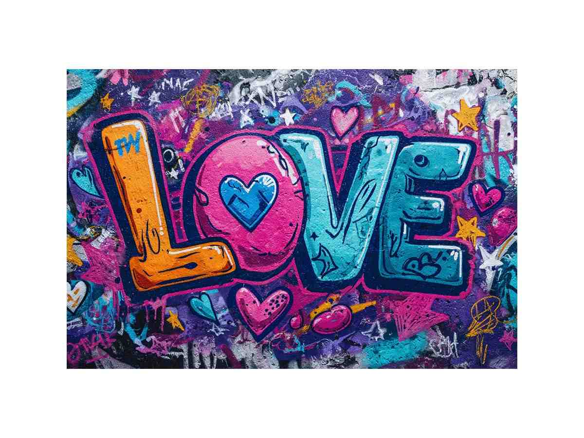 Colourful graffiti love lettering with hearts for playful modern bedroom wall decor.