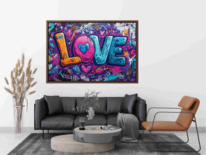 Colourful graffiti love lettering with hearts for playful modern bedroom wall decor.