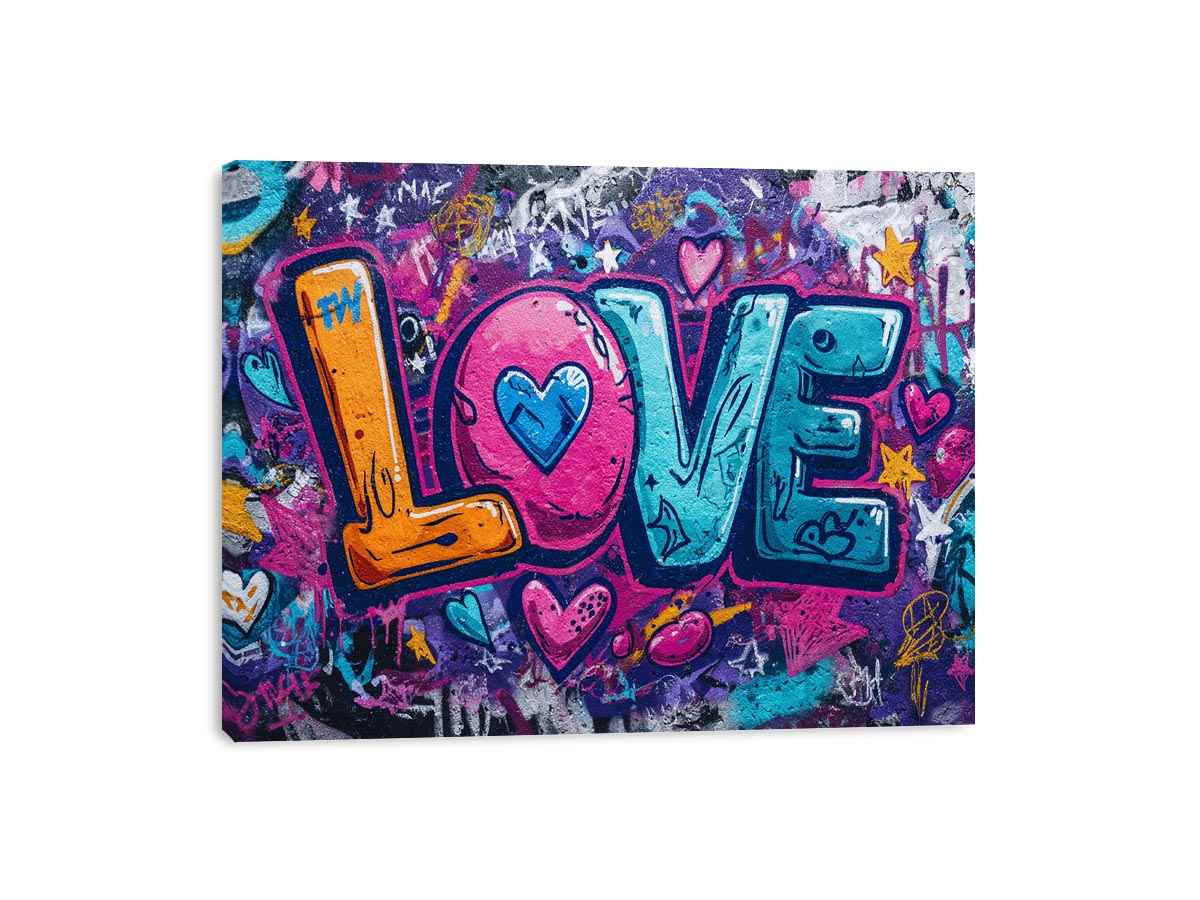 Colourful graffiti love lettering with hearts for playful modern bedroom wall decor.