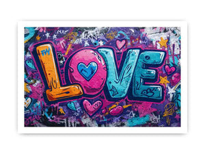 Colourful graffiti love lettering with hearts for playful modern bedroom wall decor.