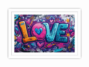 Colourful graffiti love lettering with hearts for playful modern bedroom wall decor.