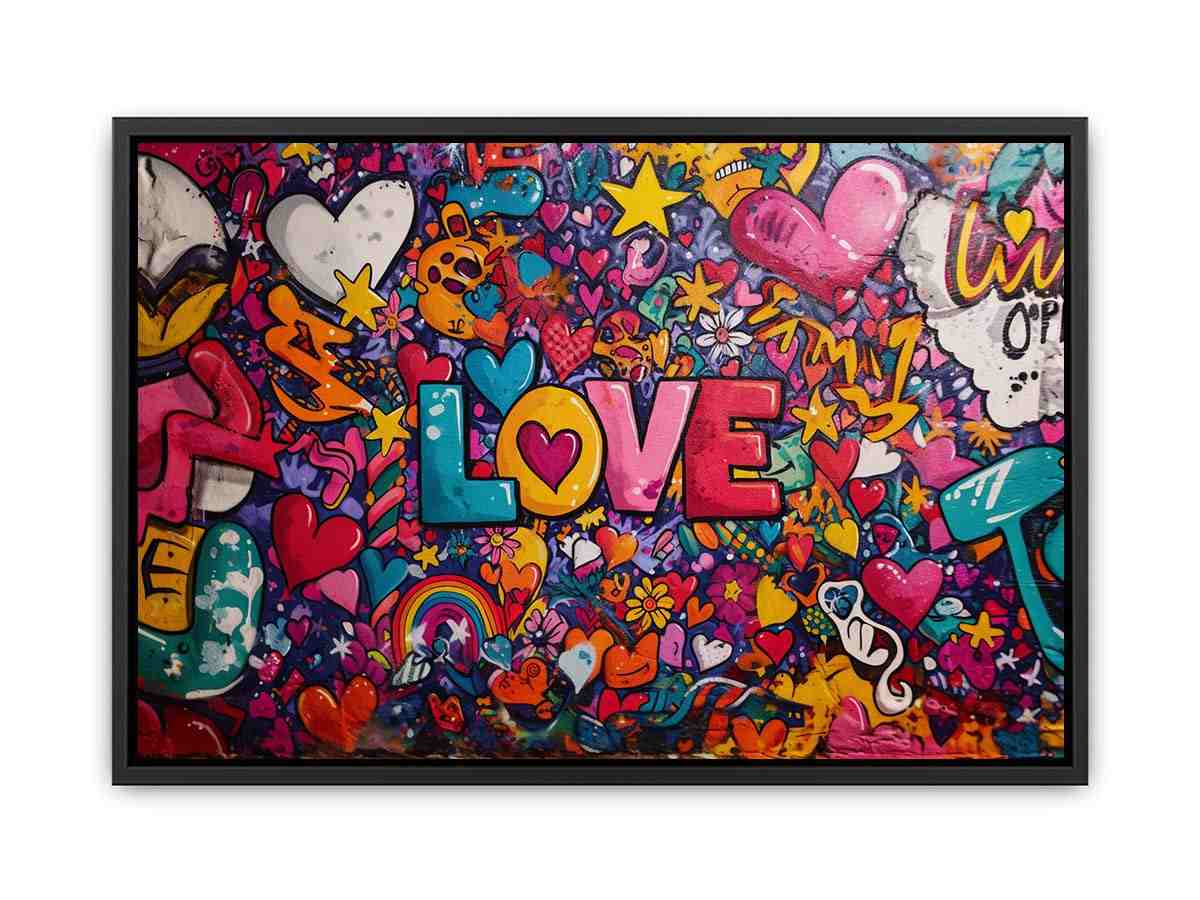 Colourful love graffiti wall with hearts and stars for cheerful modern room decor.