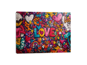 Colourful love graffiti wall with hearts and stars for cheerful modern room decor.