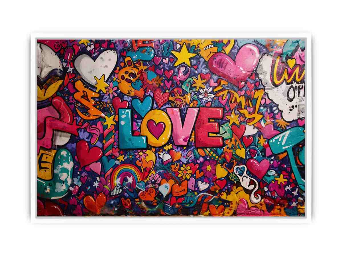 Colourful love graffiti wall with hearts and stars for cheerful modern room decor.