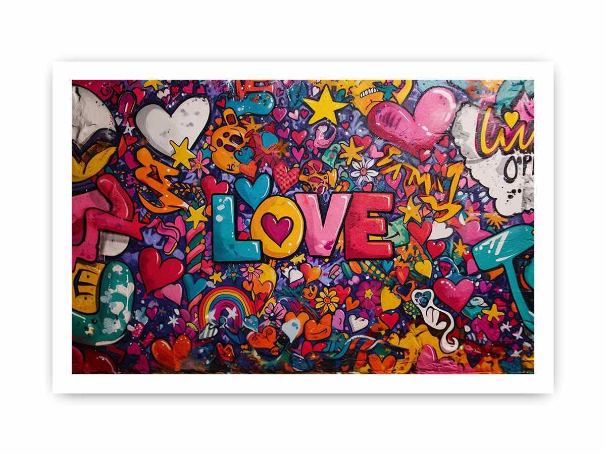 Colourful love graffiti wall with hearts and stars for cheerful modern room decor.