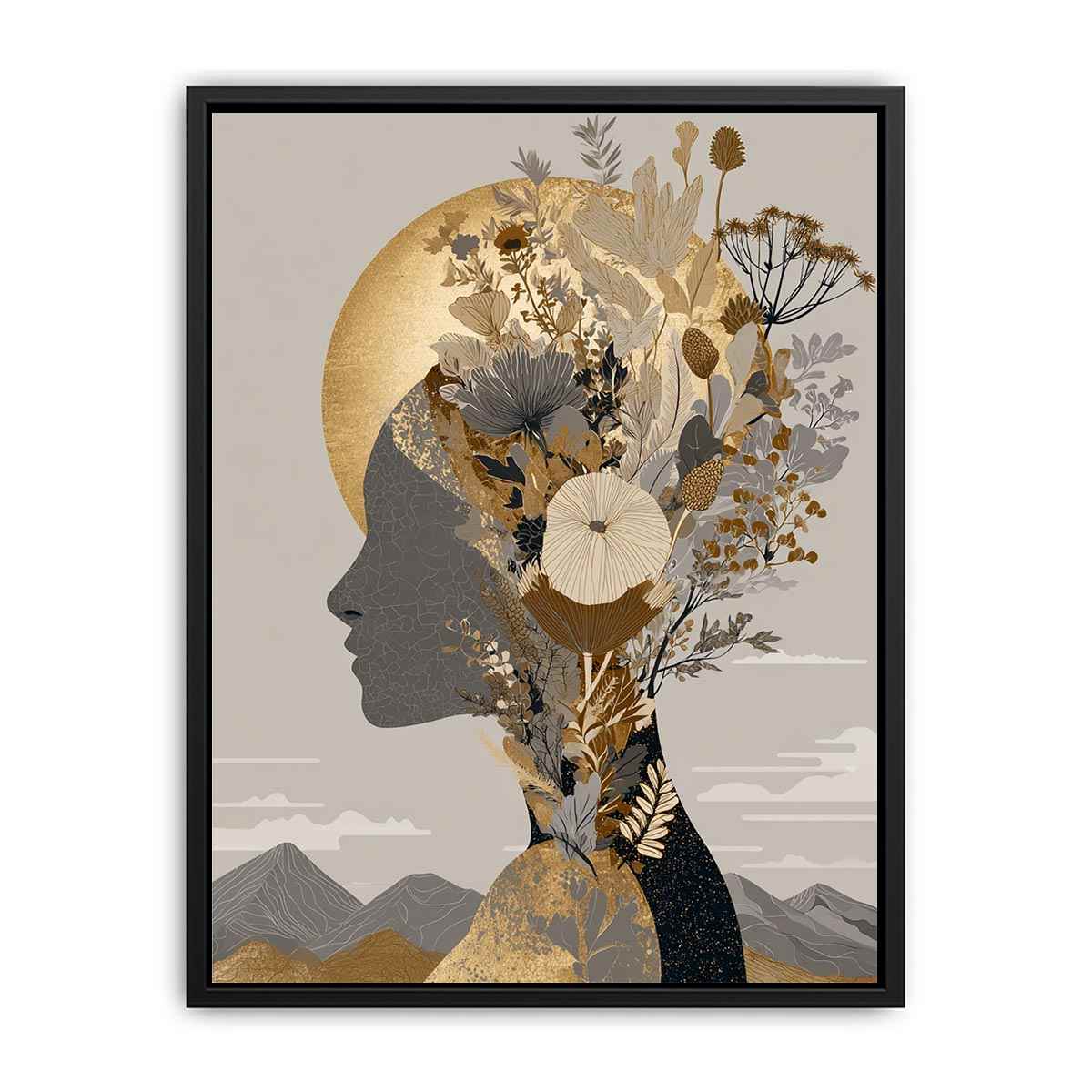 Neutral botanical woman profile with gold moon for elegant modern bedroom wall art.