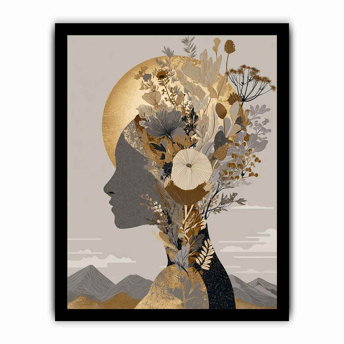 Neutral botanical woman profile with gold moon for elegant modern bedroom wall art.