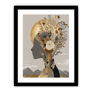 Neutral botanical woman profile with gold moon for elegant modern bedroom wall art.