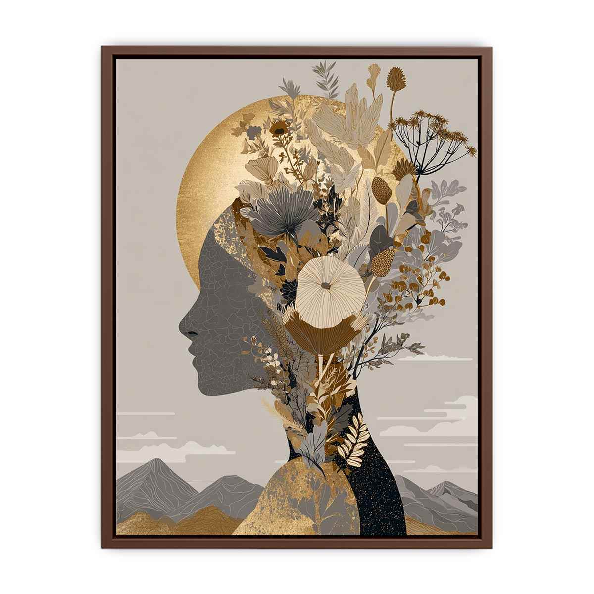 Neutral botanical woman profile with gold moon for elegant modern bedroom wall art.