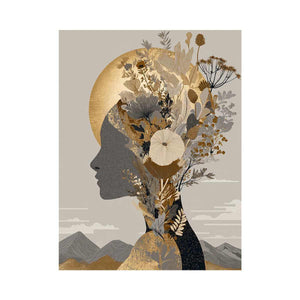 Neutral botanical woman profile with gold moon for elegant modern bedroom wall art.