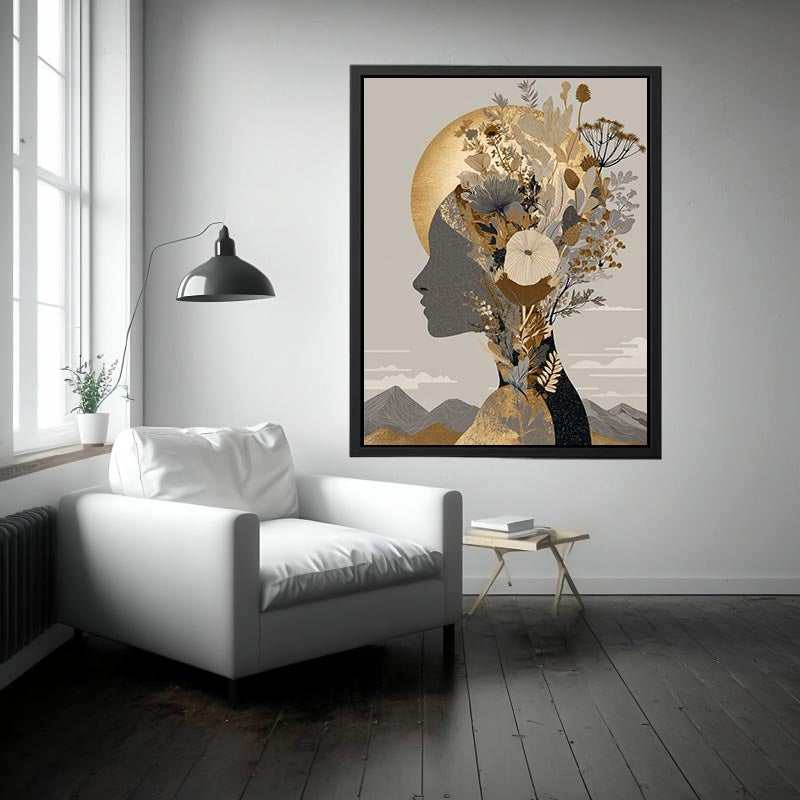 Neutral botanical woman profile with gold moon for elegant modern bedroom wall art.