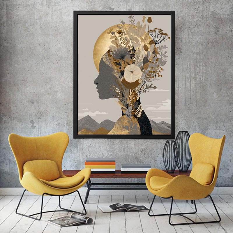 Neutral botanical woman profile with gold moon for elegant modern bedroom wall art.