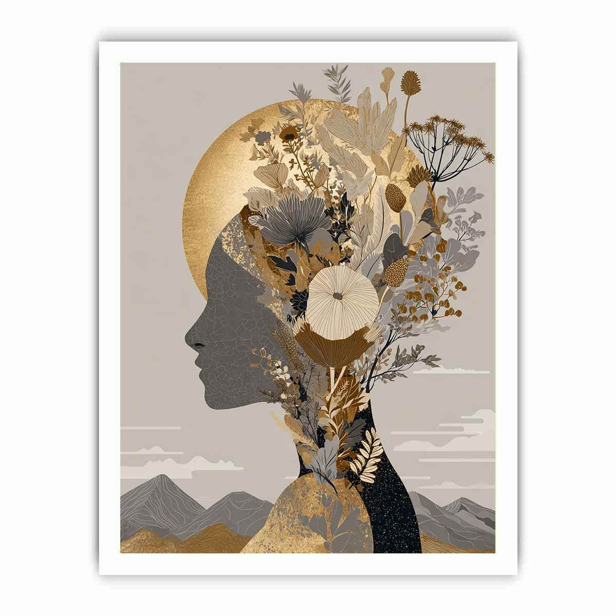 Neutral botanical woman profile with gold moon for elegant modern bedroom wall art.