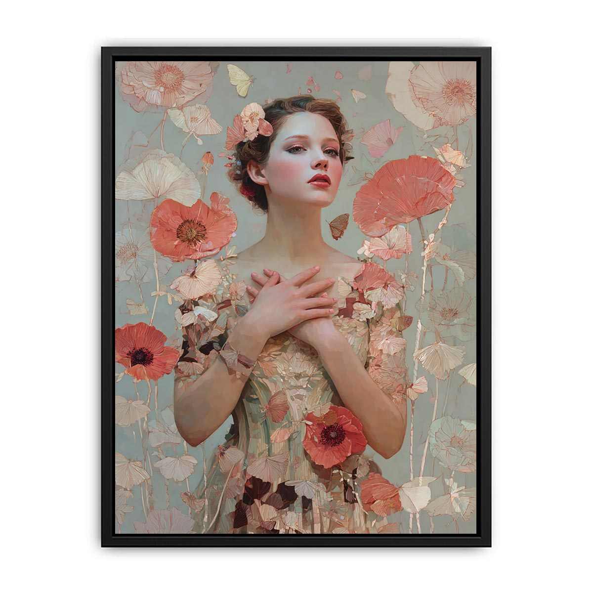 Soft floral woman portrait with butterflies for romantic bedroom canvas decor.