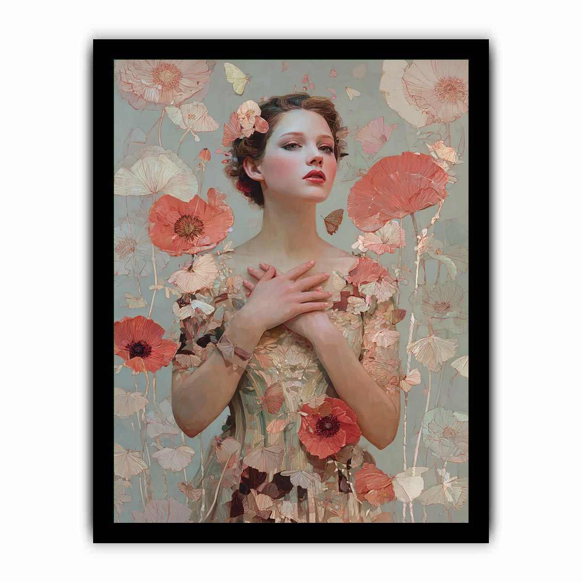 Soft floral woman portrait with butterflies for romantic bedroom canvas decor.
