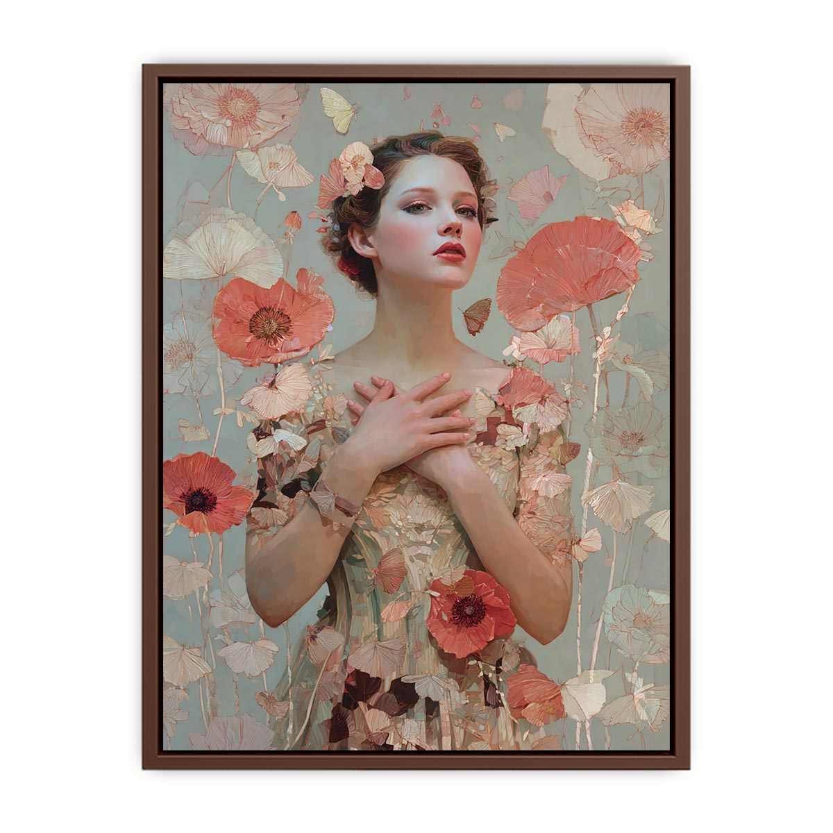 Soft floral woman portrait with butterflies for romantic bedroom canvas decor.