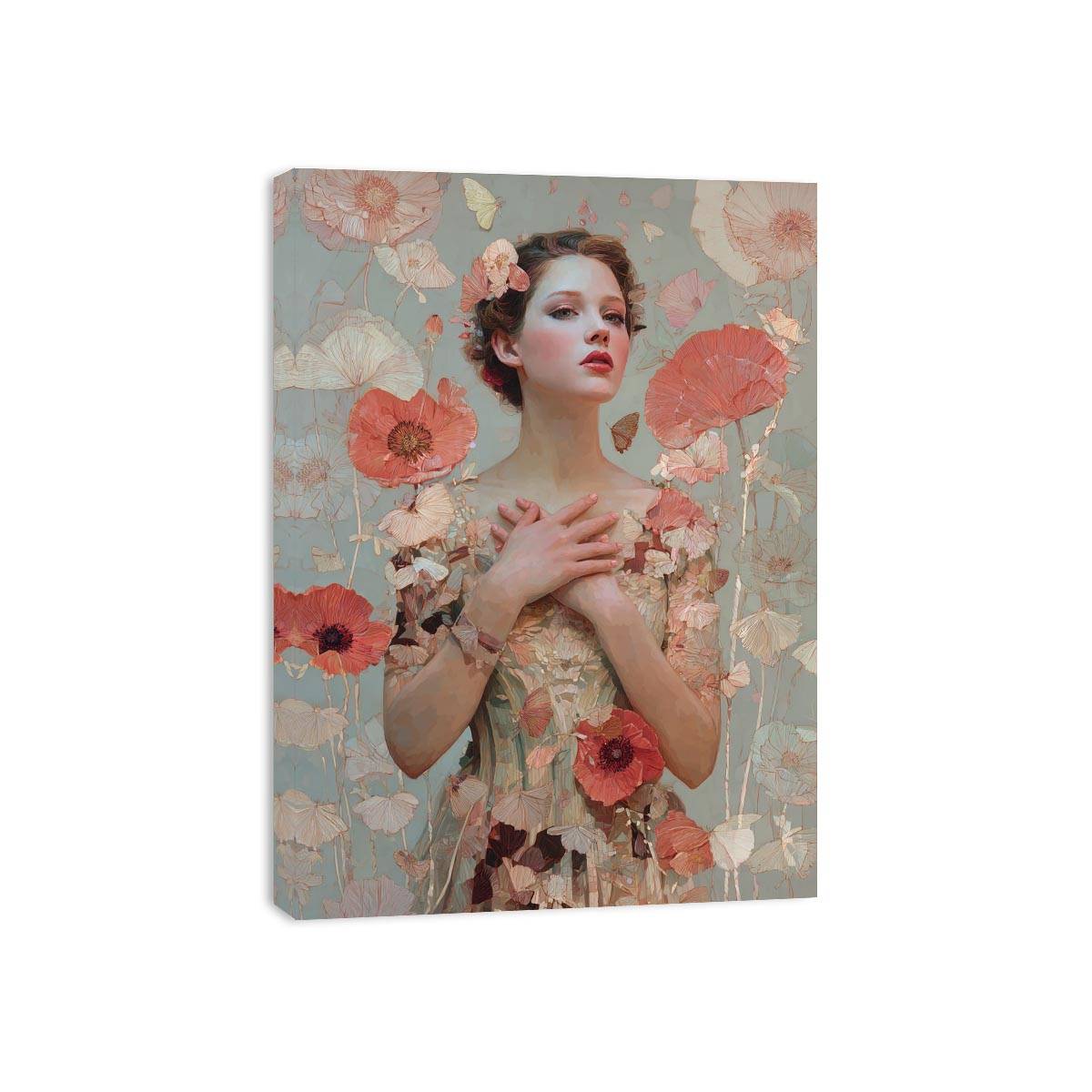 Soft floral woman portrait with butterflies for romantic bedroom canvas decor.