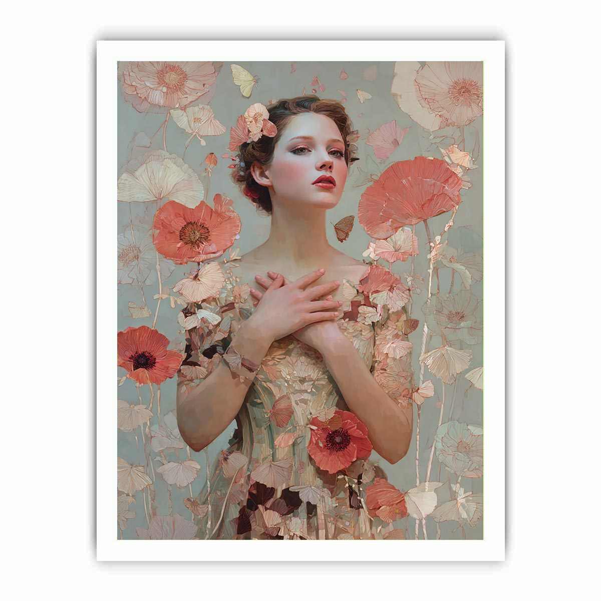 Soft floral woman portrait with butterflies for romantic bedroom canvas decor.