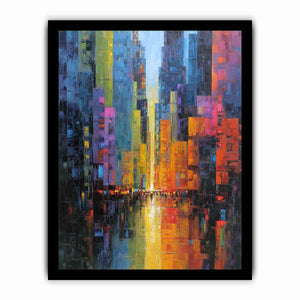 Abstract neon cityscape with rain reflections for modern office or living room wall art.