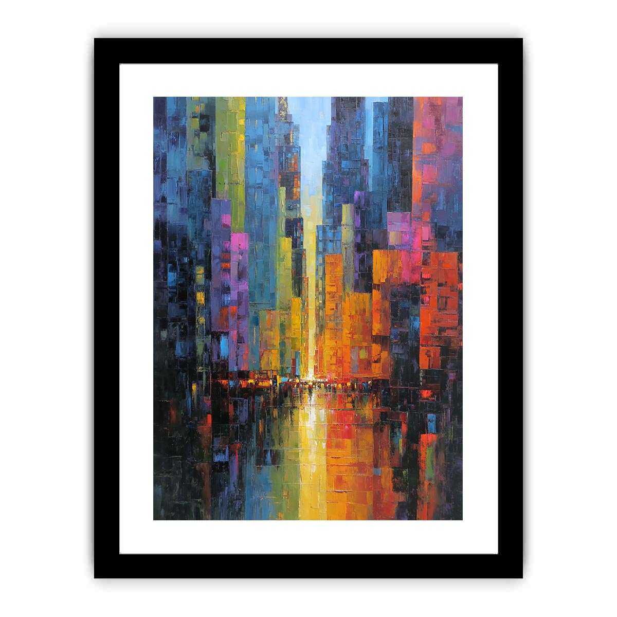 Abstract neon cityscape with rain reflections for modern office or living room wall art.