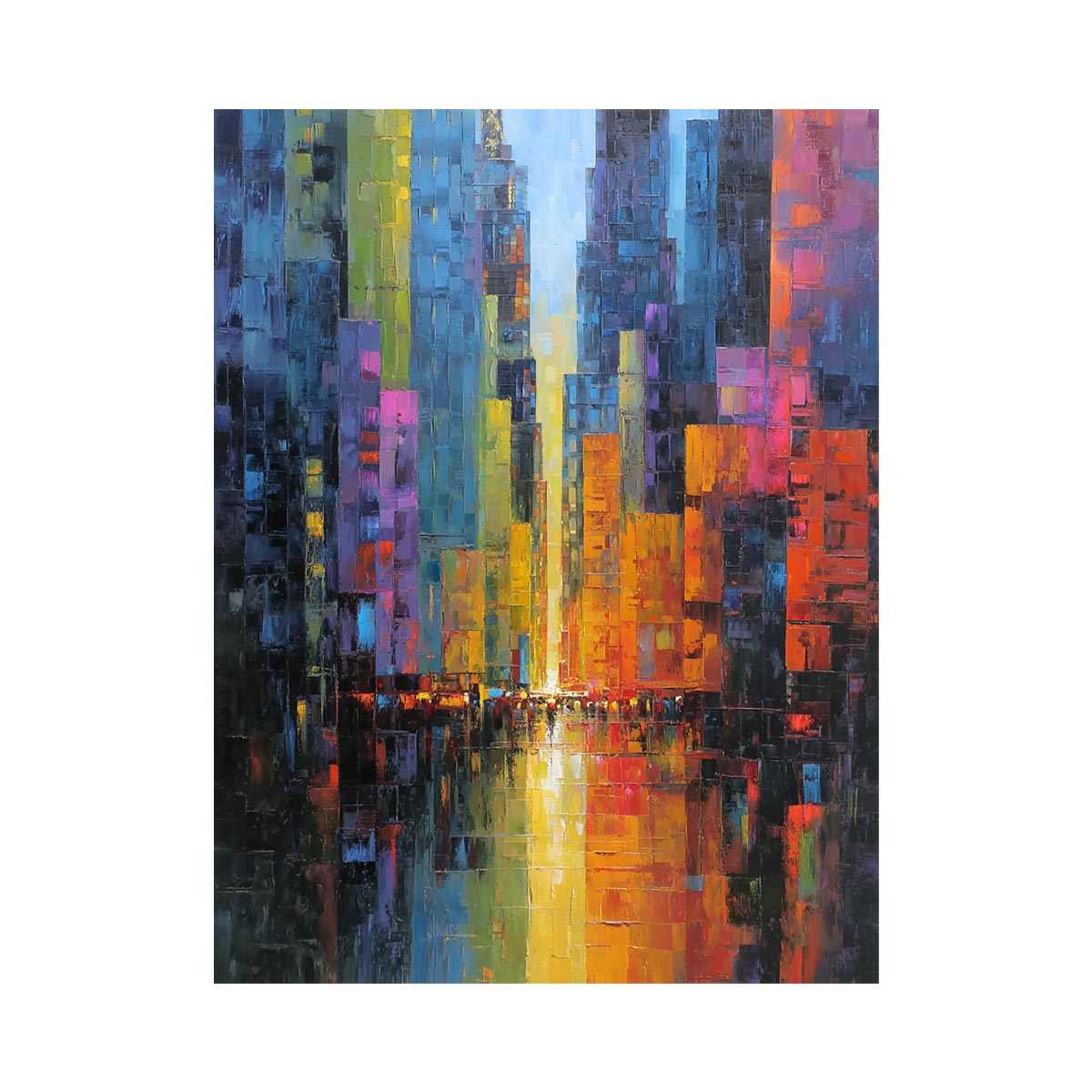 Abstract neon cityscape with rain reflections for modern office or living room wall art.