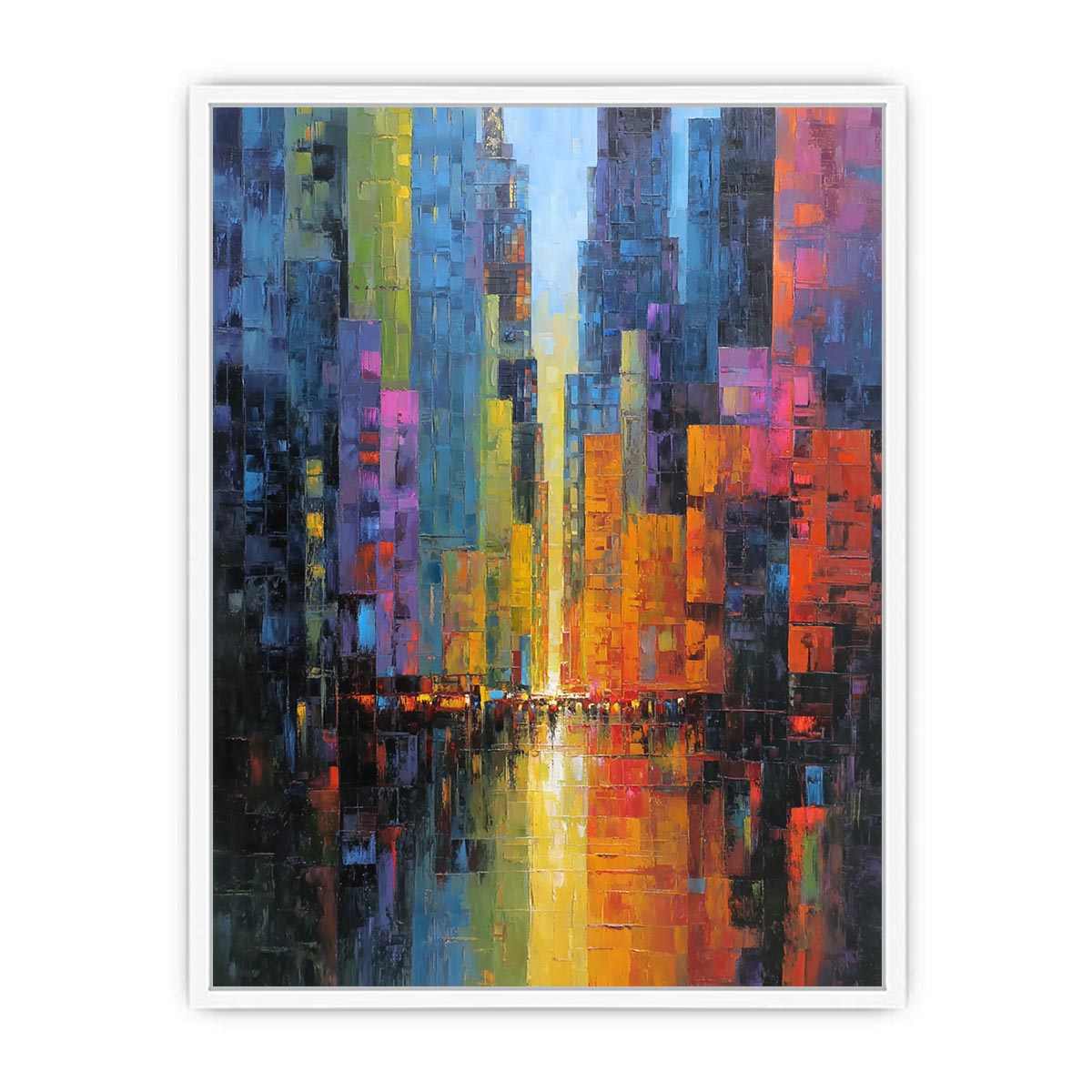 Abstract neon cityscape with rain reflections for modern office or living room wall art.