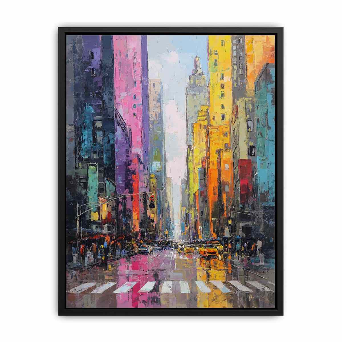 Colourful rainy cityscape canvas art with taxis and tall buildings for modern living room decor.