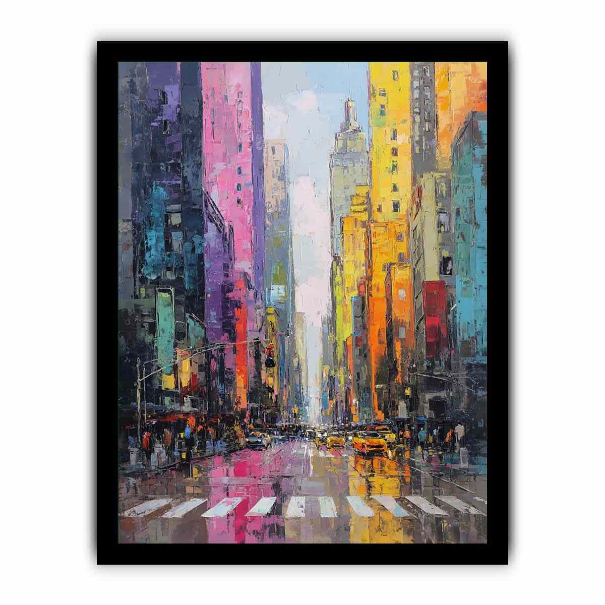 Colourful rainy cityscape canvas art with taxis and tall buildings for modern living room decor.