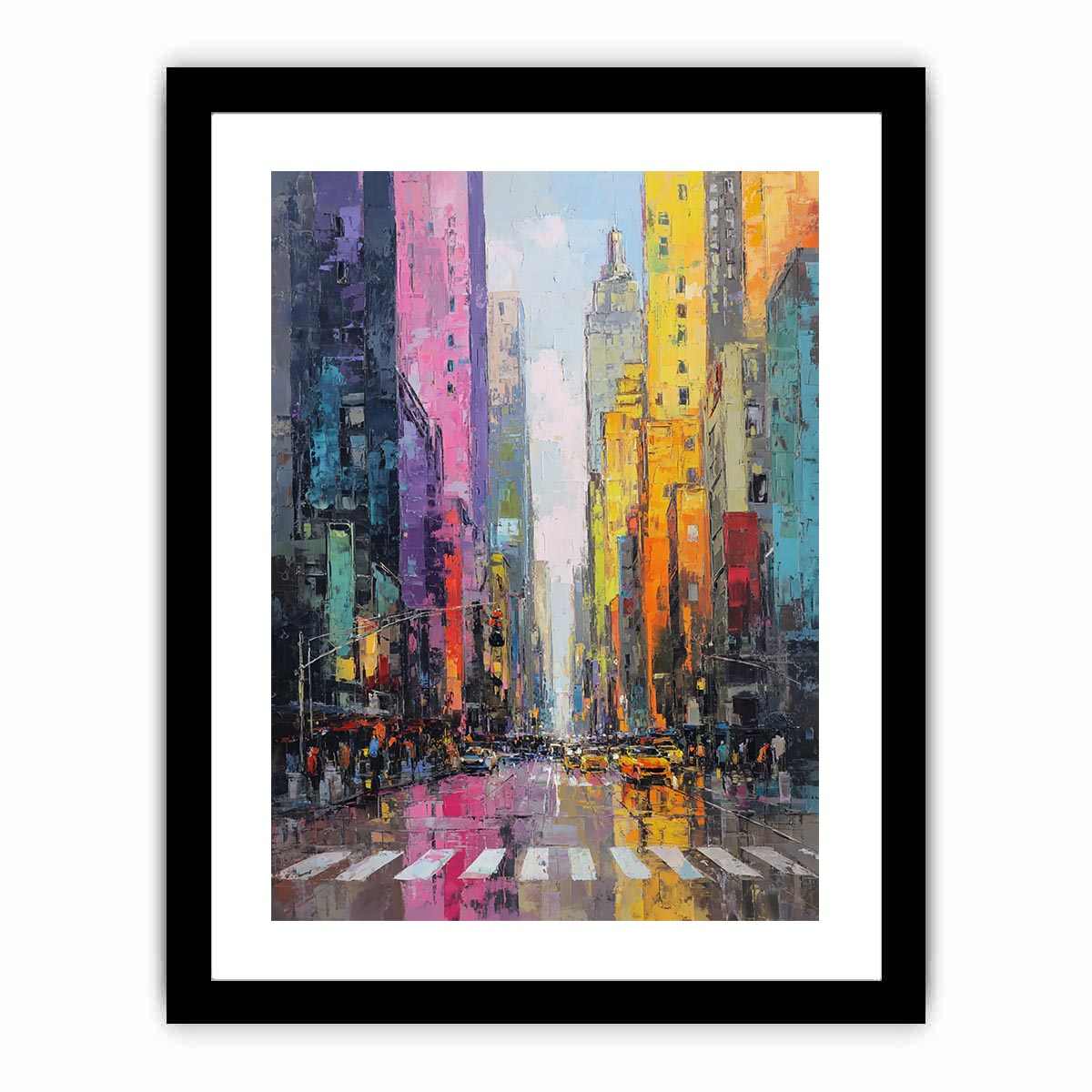 Colourful rainy cityscape canvas art with taxis and tall buildings for modern living room decor.