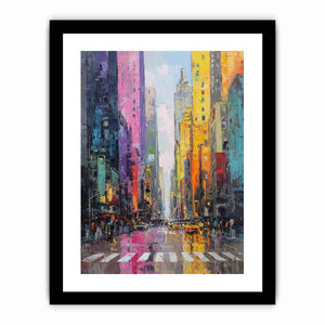 Colourful rainy cityscape canvas art with taxis and tall buildings for modern living room decor.