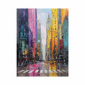 Colourful rainy cityscape canvas art with taxis and tall buildings for modern living room decor.