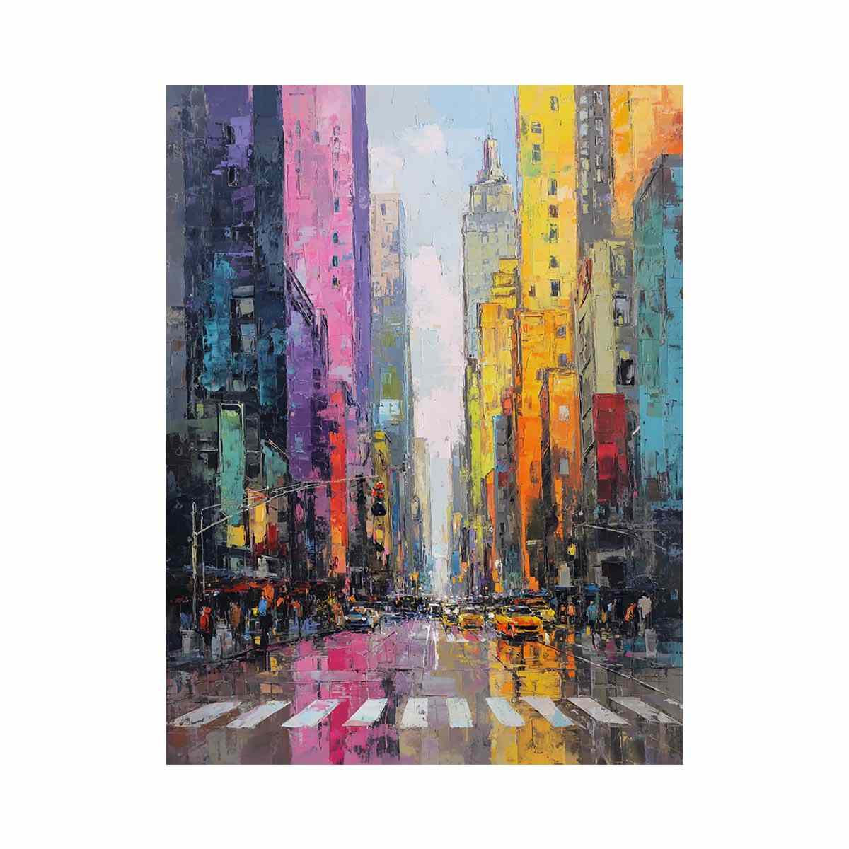 Colourful rainy cityscape canvas art with taxis and tall buildings for modern living room decor.