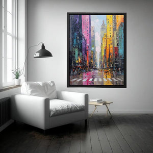Colourful rainy cityscape canvas art with taxis and tall buildings for modern living room decor.