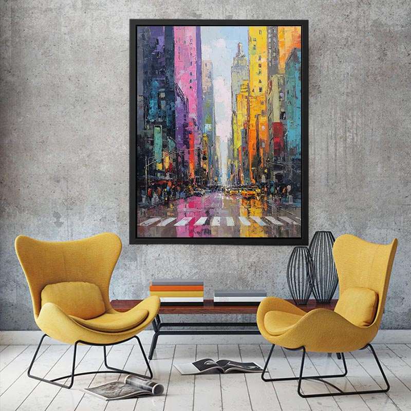 Colourful rainy cityscape canvas art with taxis and tall buildings for modern living room decor.