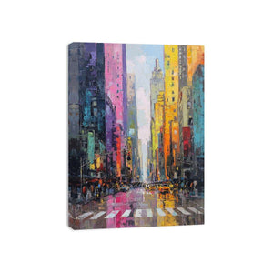 Colourful rainy cityscape canvas art with taxis and tall buildings for modern living room decor.