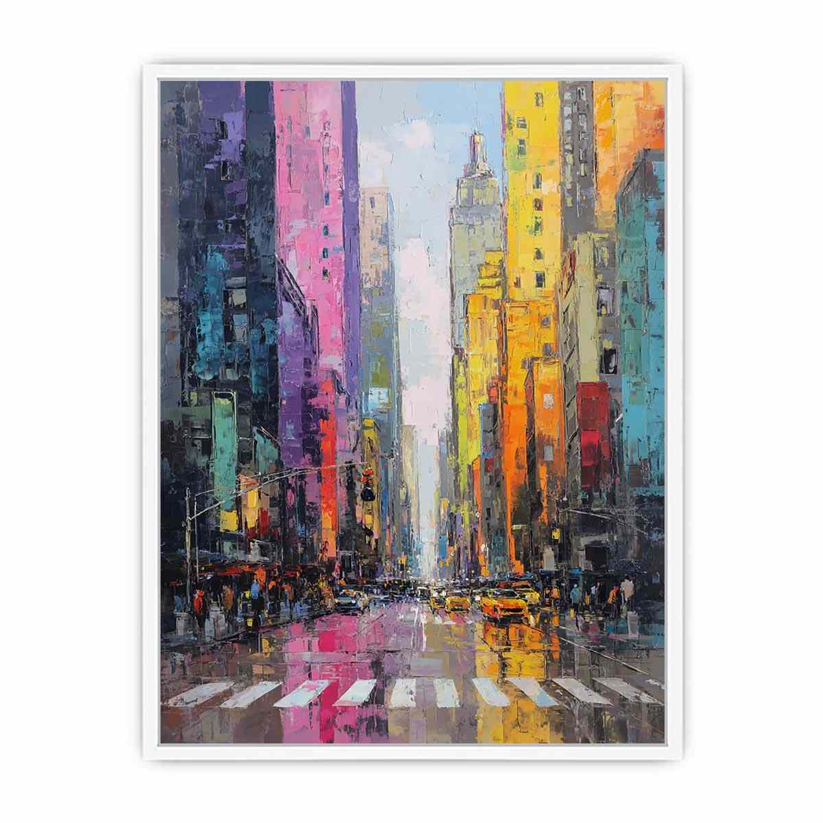 Colourful rainy cityscape canvas art with taxis and tall buildings for modern living room decor.
