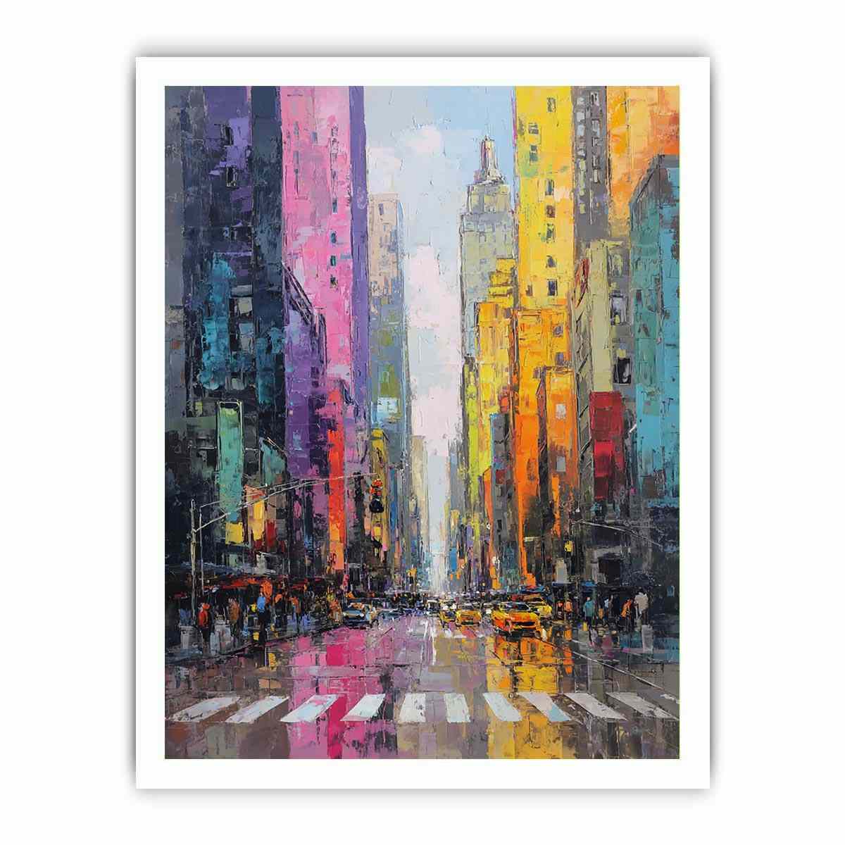 Colourful rainy cityscape canvas art with taxis and tall buildings for modern living room decor.
