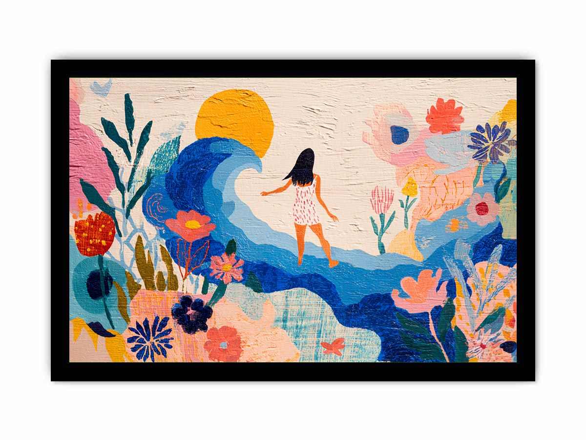 Whimsical coastal floral canvas art with wave, sun and woman for bright bedroom decor.