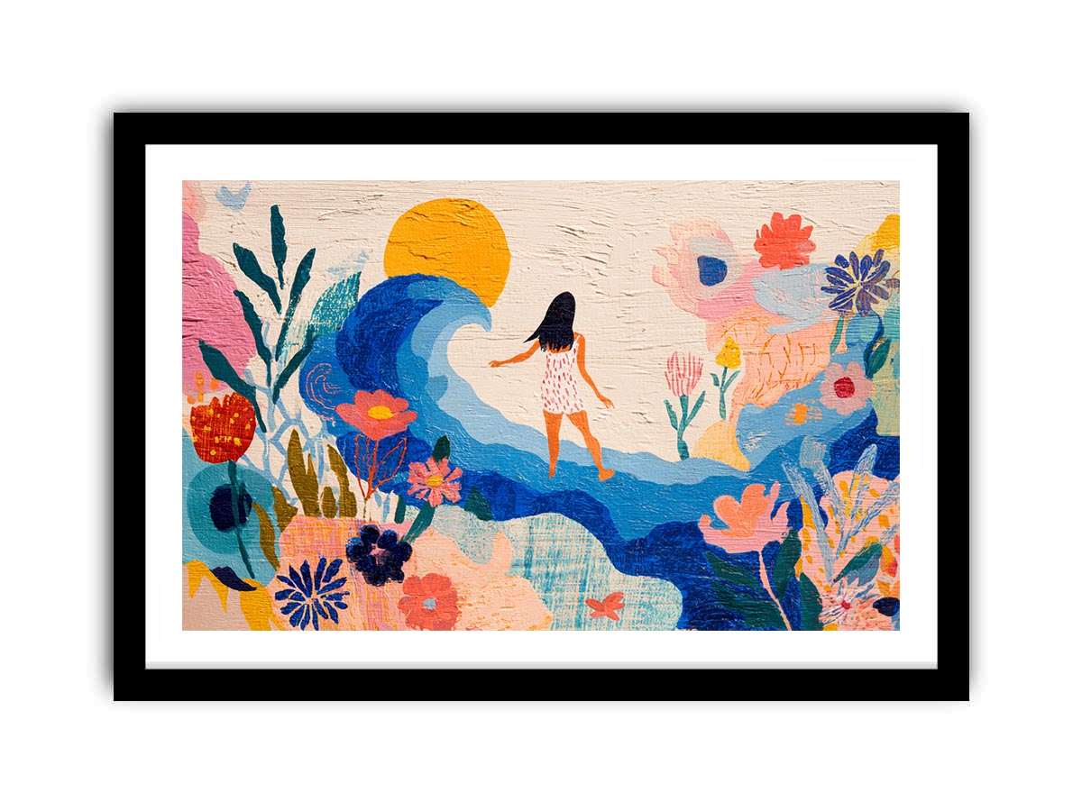 Whimsical coastal floral canvas art with wave, sun and woman for bright bedroom decor.