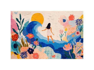 Whimsical coastal floral canvas art with wave, sun and woman for bright bedroom decor.