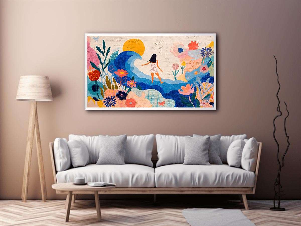 Whimsical coastal floral canvas art with wave, sun and woman for bright bedroom decor.