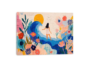 Whimsical coastal floral canvas art with wave, sun and woman for bright bedroom decor.