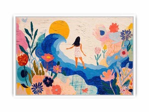 Whimsical coastal floral canvas art with wave, sun and woman for bright bedroom decor.