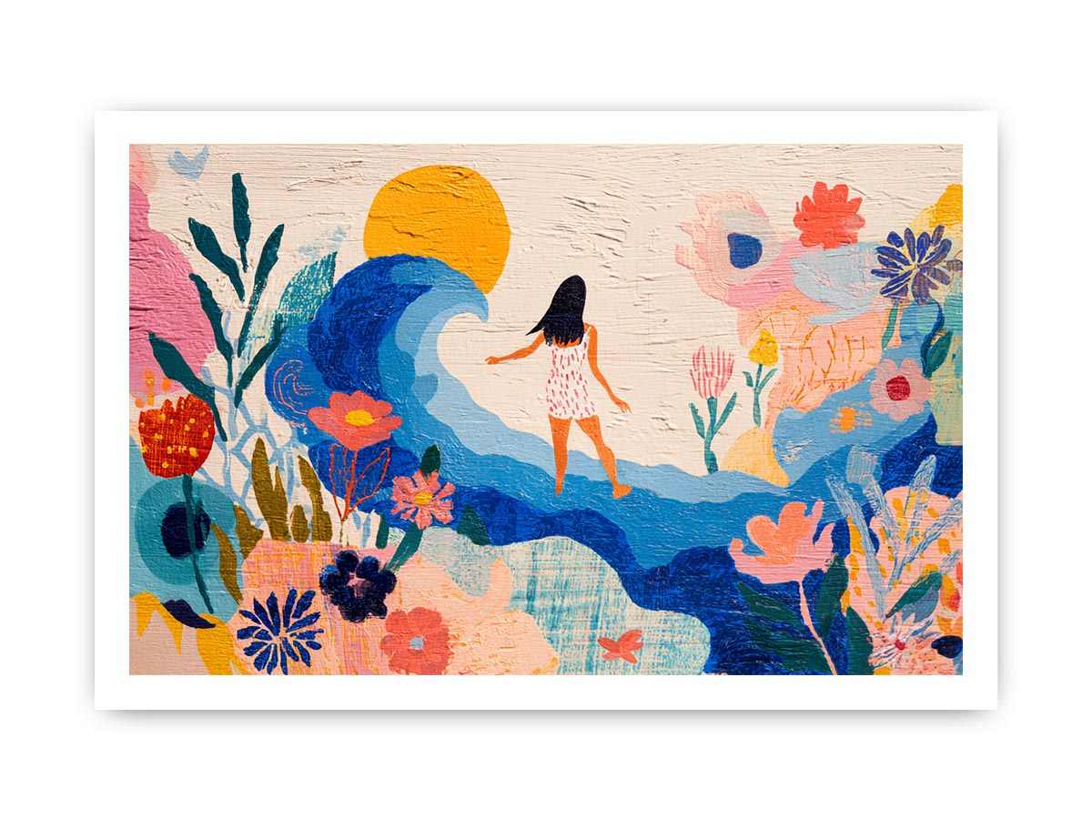 Whimsical coastal floral canvas art with wave, sun and woman for bright bedroom decor.