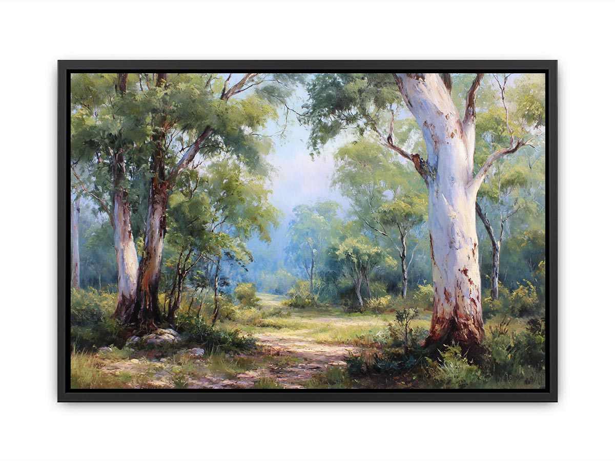 Australian eucalyptus forest canvas art with soft woodland path for calm living room decor.