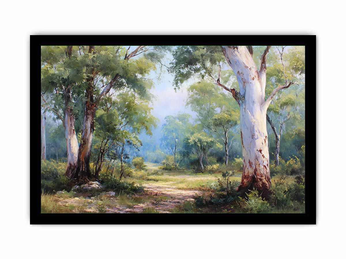 Australian eucalyptus forest canvas art with soft woodland path for calm living room decor.