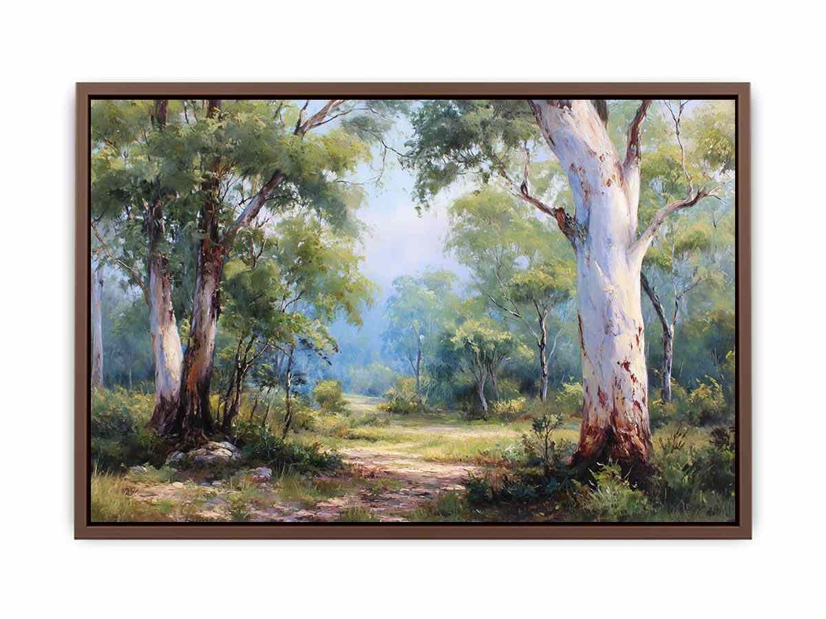 Australian eucalyptus forest canvas art with soft woodland path for calm living room decor.